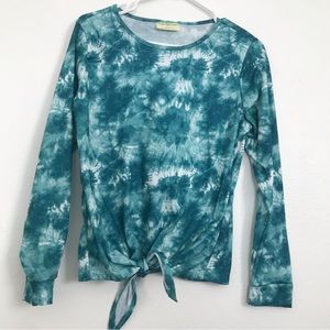 Blue Tie Dye Bobbie Brooks Shirt for Women with Knot Tie on bottom (small)